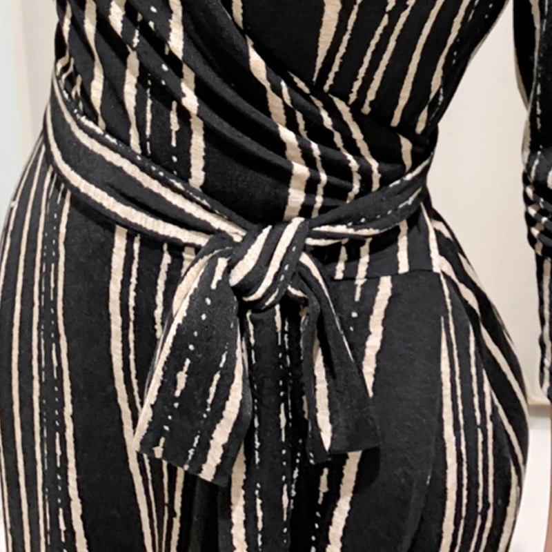 

Spring Woman Srtriped A-line Dress V-neck Ladies Elegant Party Long Dresses OL Black Dress Casual Female New Dresses