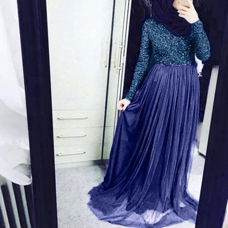 Мусульманское женское платье с длинным рукавом Макси блестки пайетки сплошной