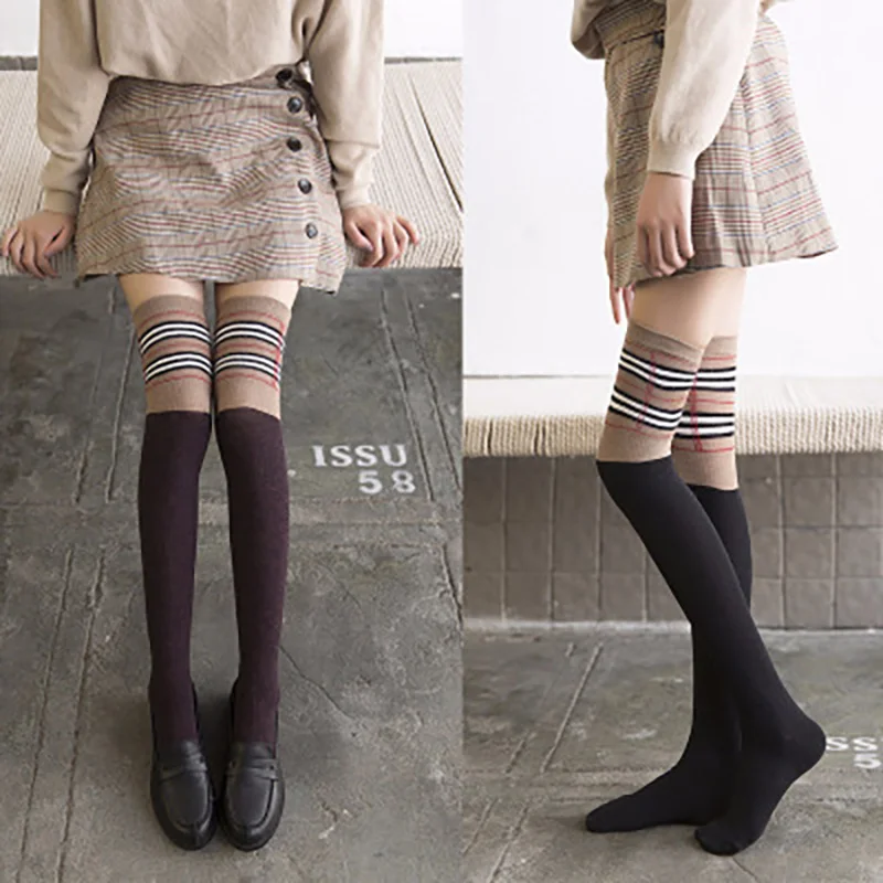 

New Rabbit Fleece Knee Length Female Socks Rabbit Wool Bottomed Boots and Socks Color Matching Striped Stockings Women Fashion
