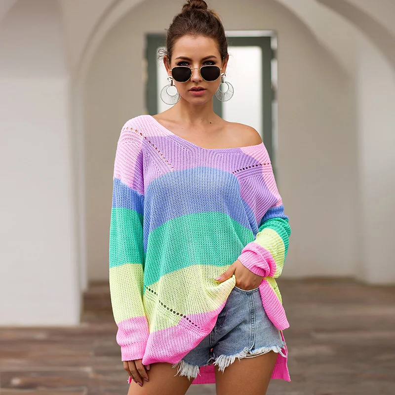Fitshinling Rainbow Striped Long Sweater Femme Pull V Neck Slim Pullovers Autumn Winter Sleeve Sweaters Women Jumpers Sale | Женская