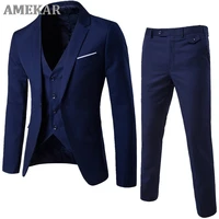 2021 three piece male formal business suit for mens fashion plaid wedding dress suit jacket vest pants
