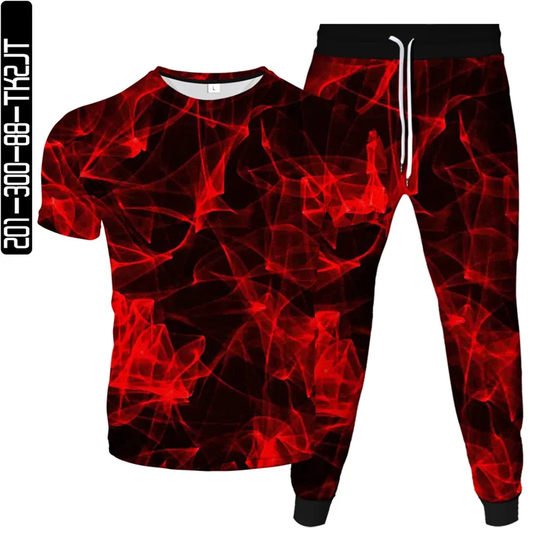 

Summer new men's short-sleeved casual T-shirt lace-up sports pants two-piece S-6XL fire element 3D digital printing suit