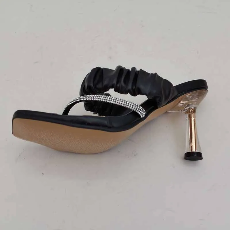 

Shoes Slippers Heels Glitter Slides Rubber Flip Flops Square Toe Big Size High Jelly Hawaiian Thin Soft Sexy Scandals PU Crystal