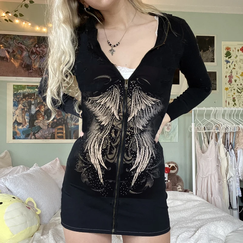 

Diamonds Grunge Fairycore Y2K Sweatshirts Dress Wing Goth Black Mini Hoodies Dress Long Sleeve Hooded Zip Punk Bodycon