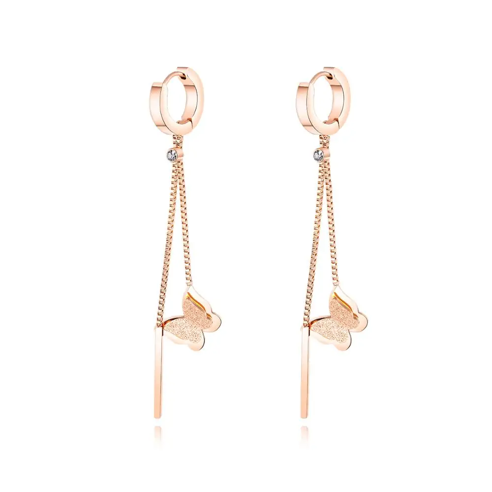 Rose Gold EyeYoYo серьги-кольца с бабочкой для женщин из нержавеющей стали длинная коробка цепи женские серьги ювелирные изделия - Окраска металла: Rose Gold