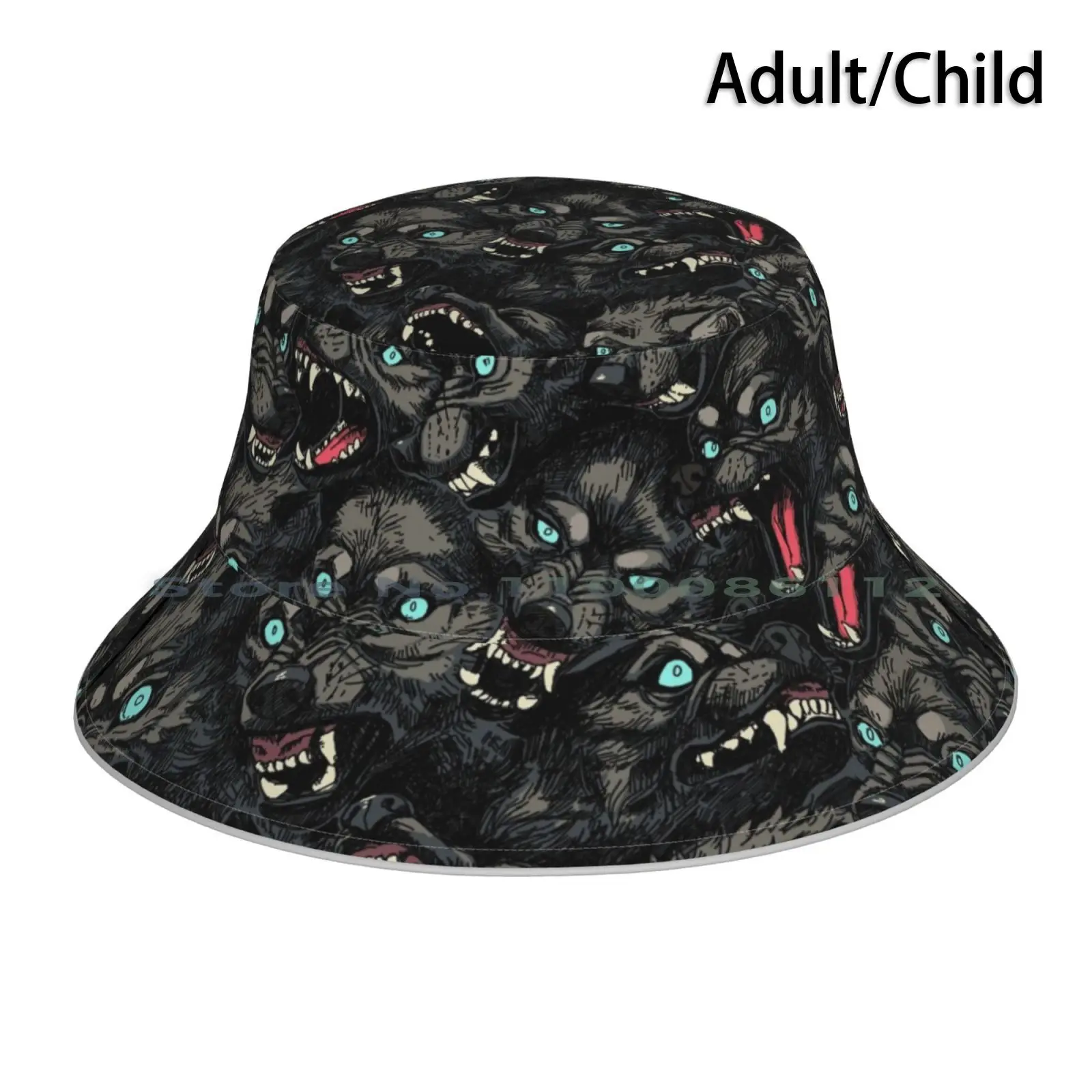 

Wolf Pack Pattern Bucket Hat Sun Cap Pack Beast Animal Werewolf Dark Evil Horror Halloween Pattern Snarling Timber Grey