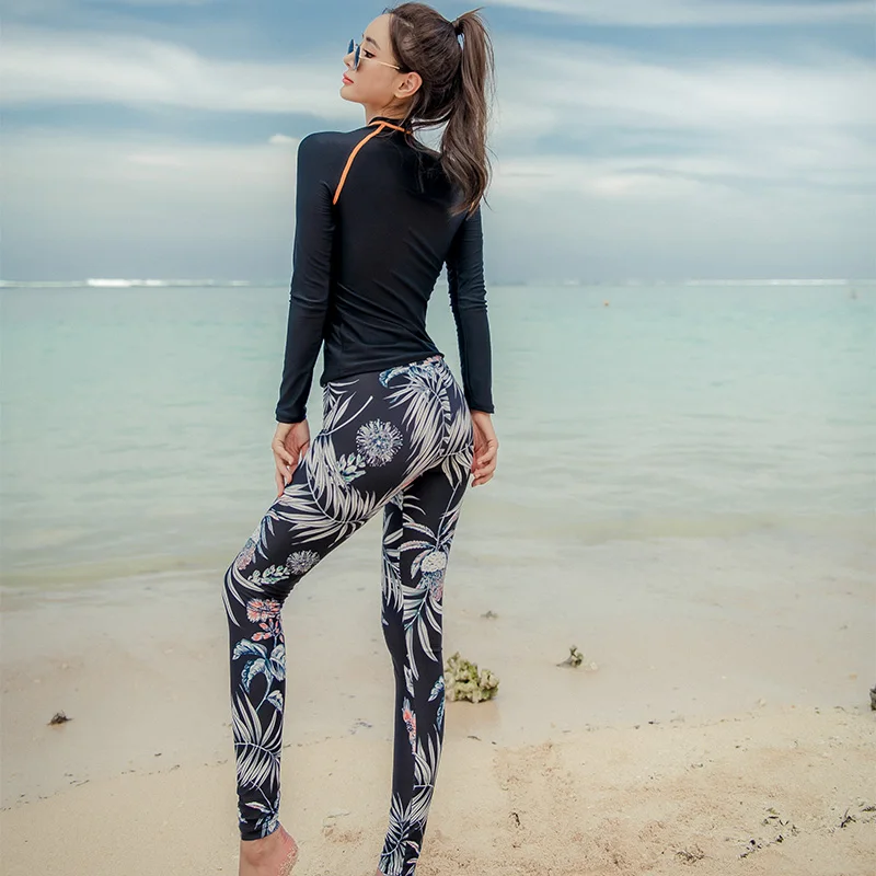 SANQi female swimsuit women's split boxer long-sleeved trousers conservative slimming quick-drying small chest gathered swimwear | Спорт и