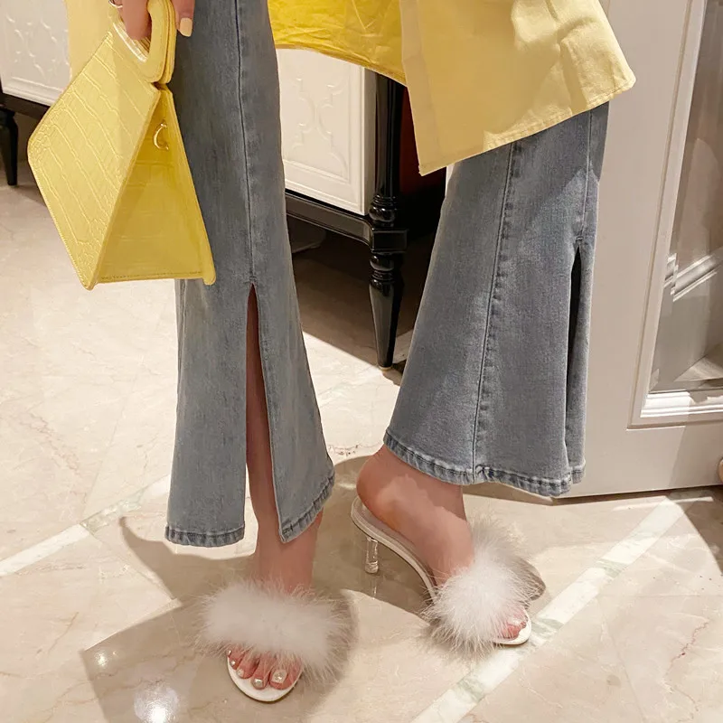 Меховая обувь Женские шлепанцы Роскошные на каблуке Шлепанцы желейные Летние