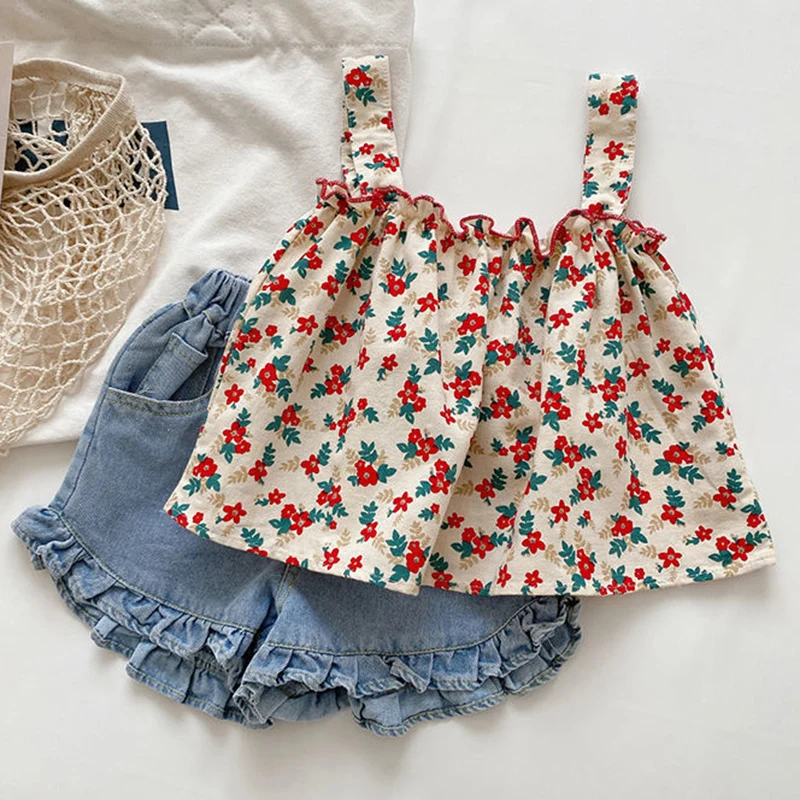 

2022 Summer Girl Set Floral Top+Denim Shorts 2Pcs Children Clothes Kid Girl Clothing Baby Girl Clothes