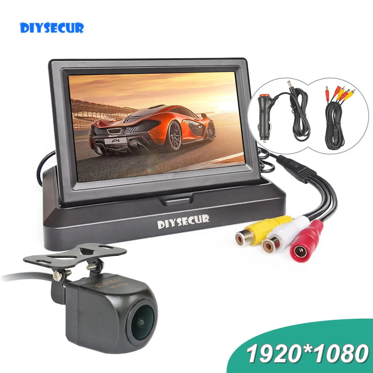 

DIYSECUR 5" AHD IPS 1024x600 Foldabel Car Monitor 1920*1080 HD 170 Degree Night Vision Backup Car Camera Vehicle Reverse