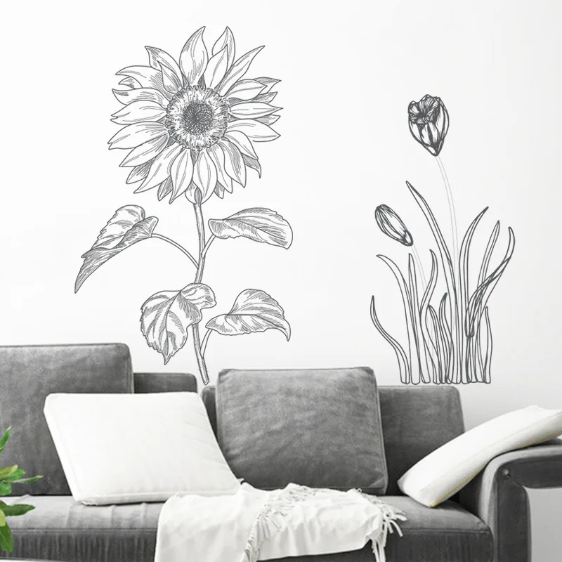 

Sketch Sunflower Wall Stickers Plant Living Room Sofa Backdrop Wall Decoration Bedroom Home Decor Decals