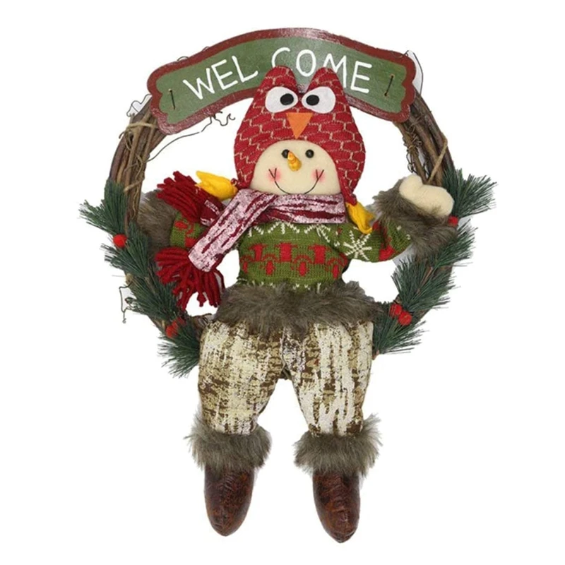 

1 Pcs Rattan Christmas Wreath Garland with Snowman and Wooden Welcome Sign Holiday Hanging Wall Window