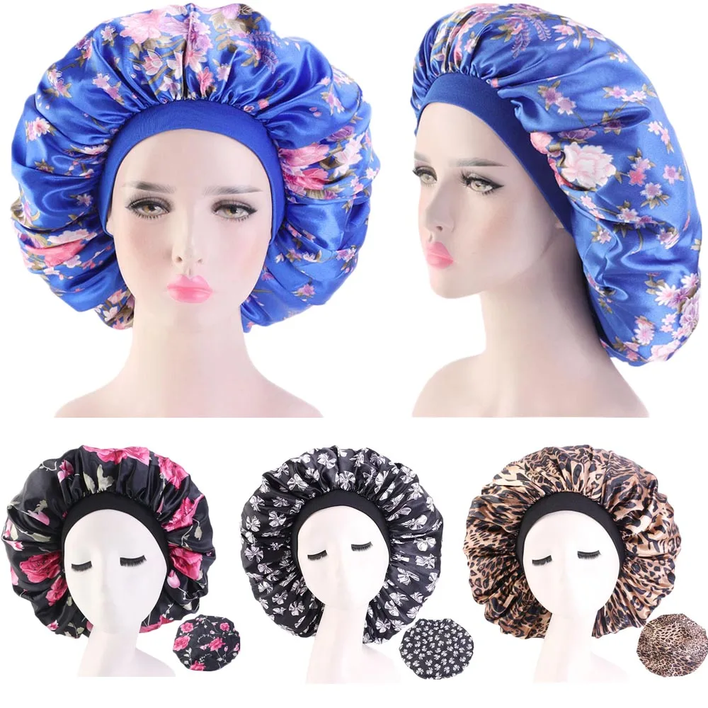 

New Extra Large Satin Bonnet Wide Band Women Big Size Beauty Print Sleep Night Cap Beanies Skullies Cap Head Cover Hat Wholesale