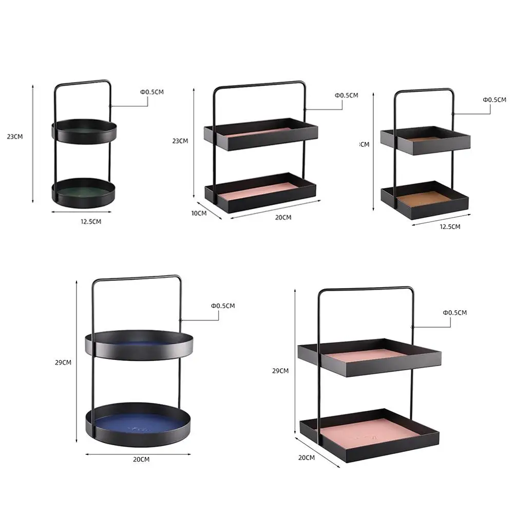 

2-layer Metal Storage Tray Jewelry Display Plate Cosmetic Sundries Organizer Tray with PU Leather Pad for Desktop Decor