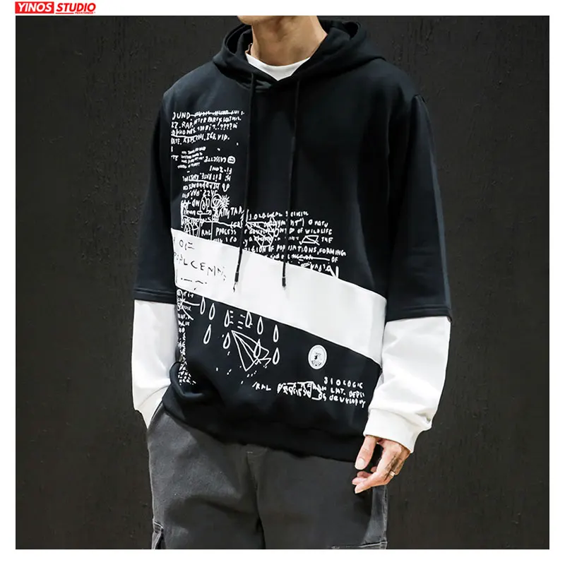 Мужская хлопковая толстовка с капюшоном Повседневный пуловер имитацией двух