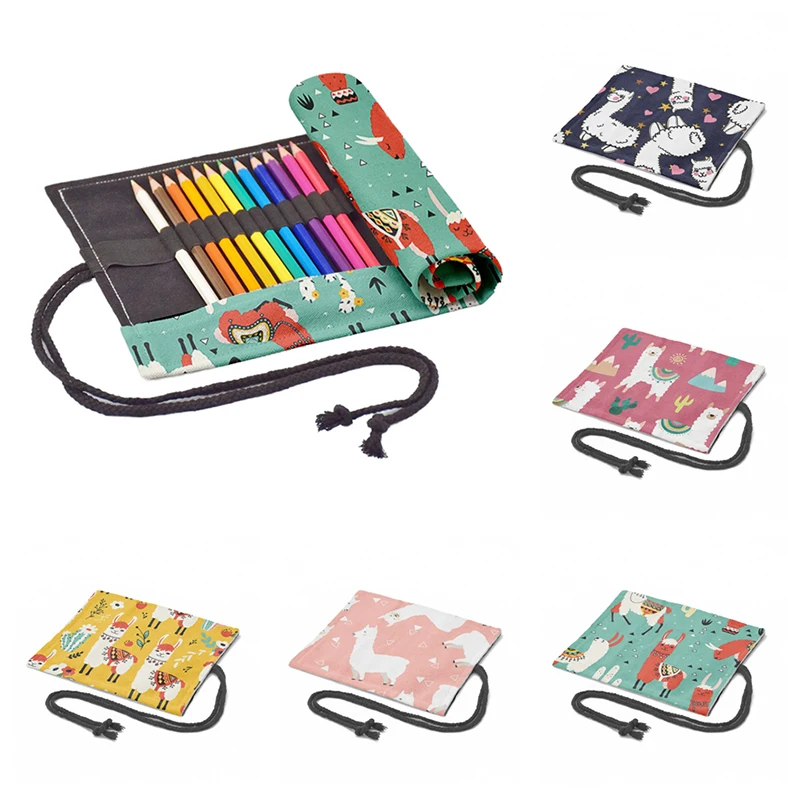 

12/24/36/48/72 Holes Canvas Pen Bag Kawaii Cartoon Alpaca Print Roll Pencil Case For Student Drawing Stationery Storage Pen Bag