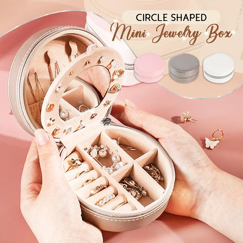

Circle Shaped Mini Jewelry Box PU Leather Simple Jewelry Box Earrings Portable Jewelry Storage Box Case SEC88