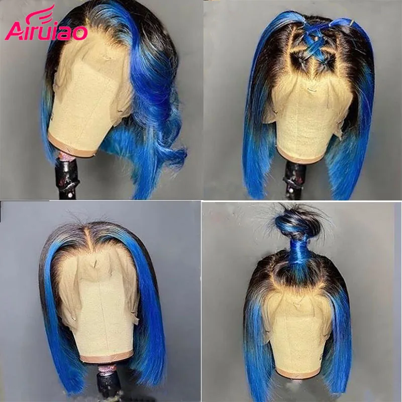 

Прямой парик Боб, с застежкой 4x4, голубого цвета, HD, на прозрачной сетке, бразильские парики из натуральных волос для женщин