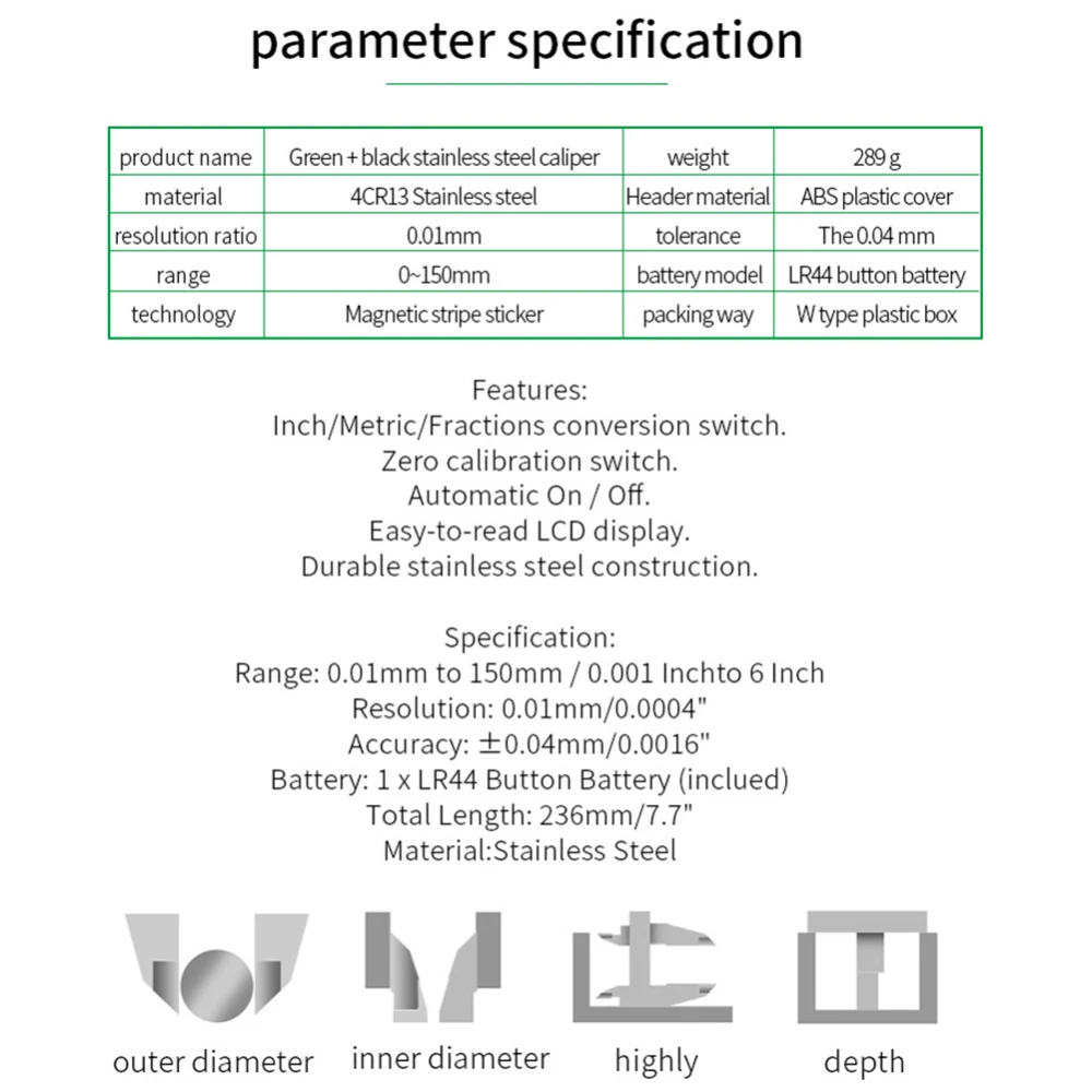 

Professional Stainless Steel Digital Display Caliper 150mm Fraction/MM/Inch High Precision LCD Vernier Caliper Measuring Tool