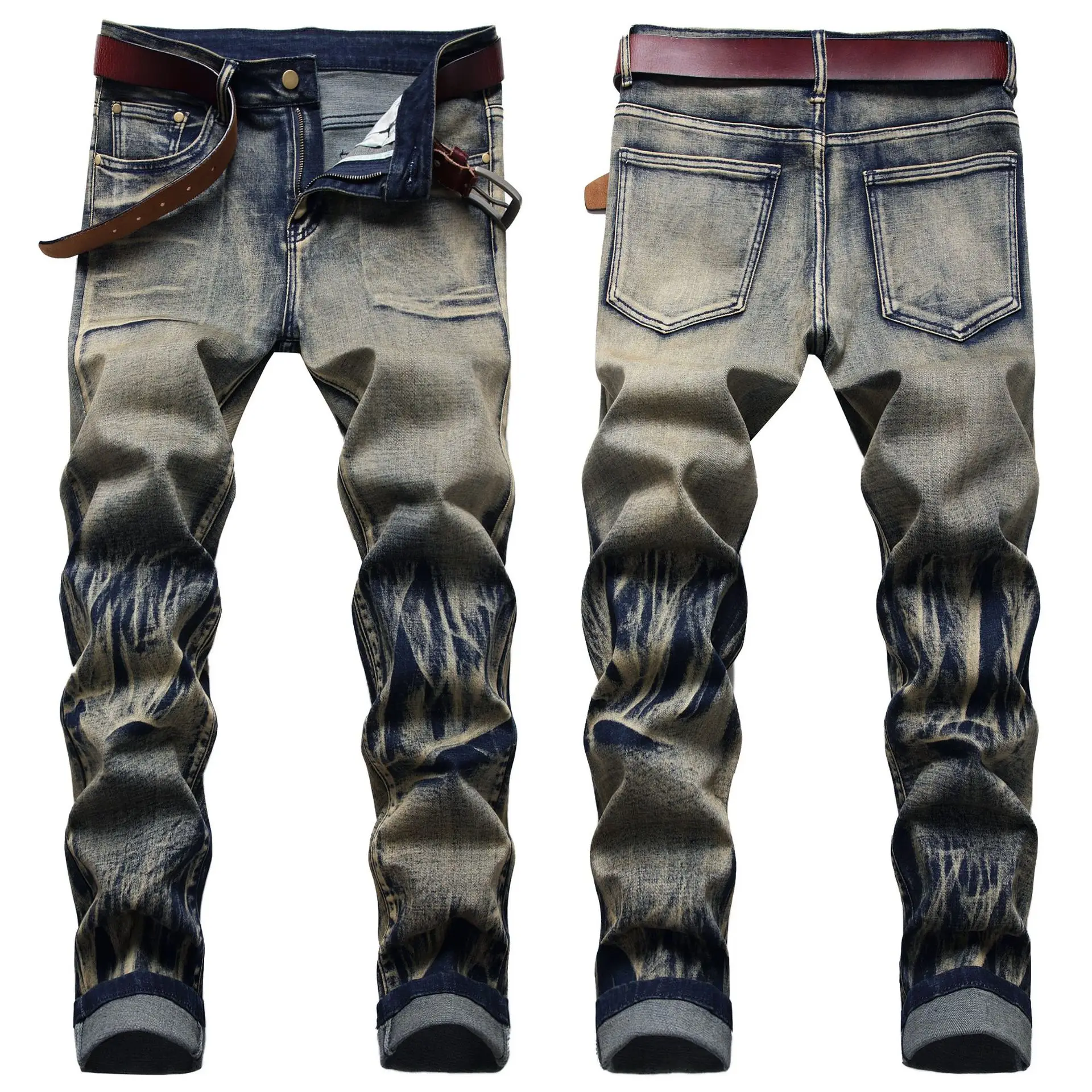 

2021 мужские уличные модные оригинальные ностальгические эластичные прямые джинсы до колена с декоративными цветами