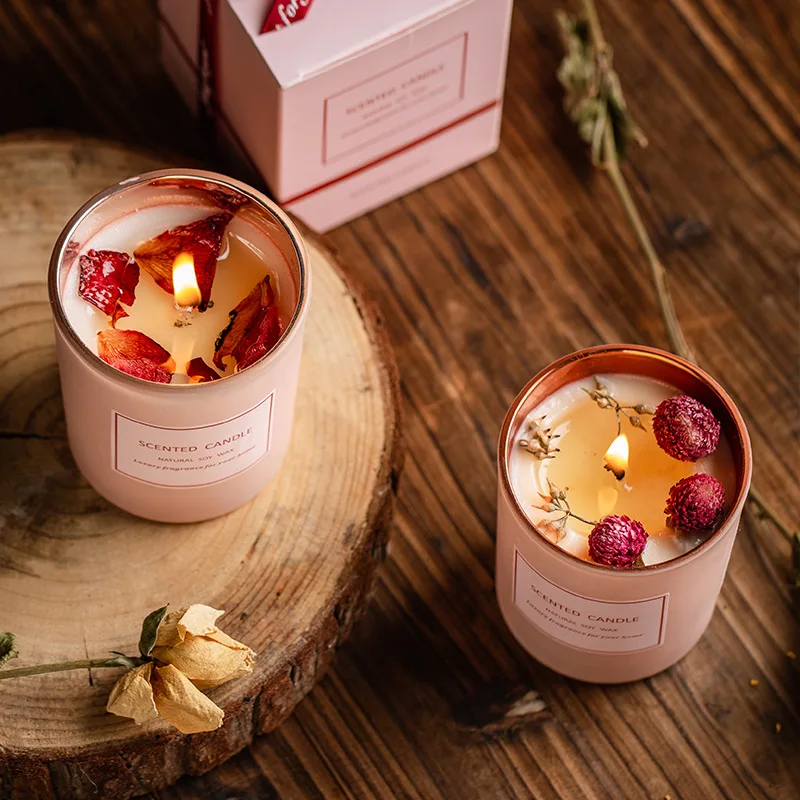 

Scented candles pink Rose flower soy wax aromatic candles in glass scene arrangement dried flower romantic decorative candles