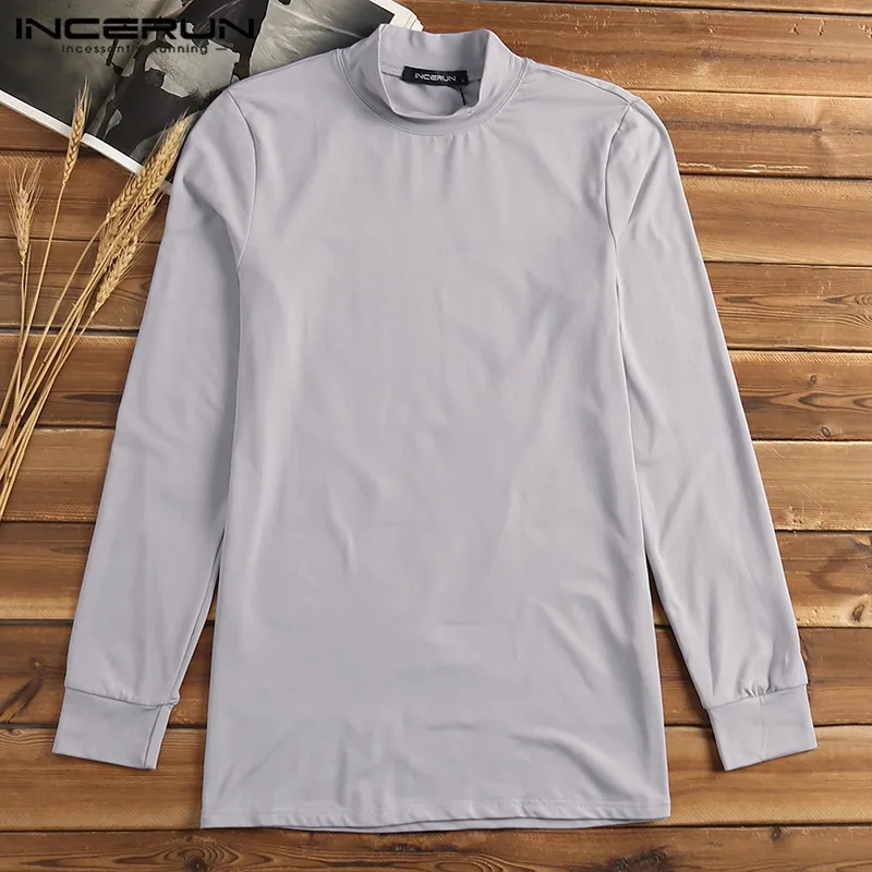 INCERUN Basic Loungewear термобелье, топы, теплые, мужское новое нижнее белье с длинным рукавом, водолазка, однотонная, облегающая футболка S-5XL - Цвет: Light Grey