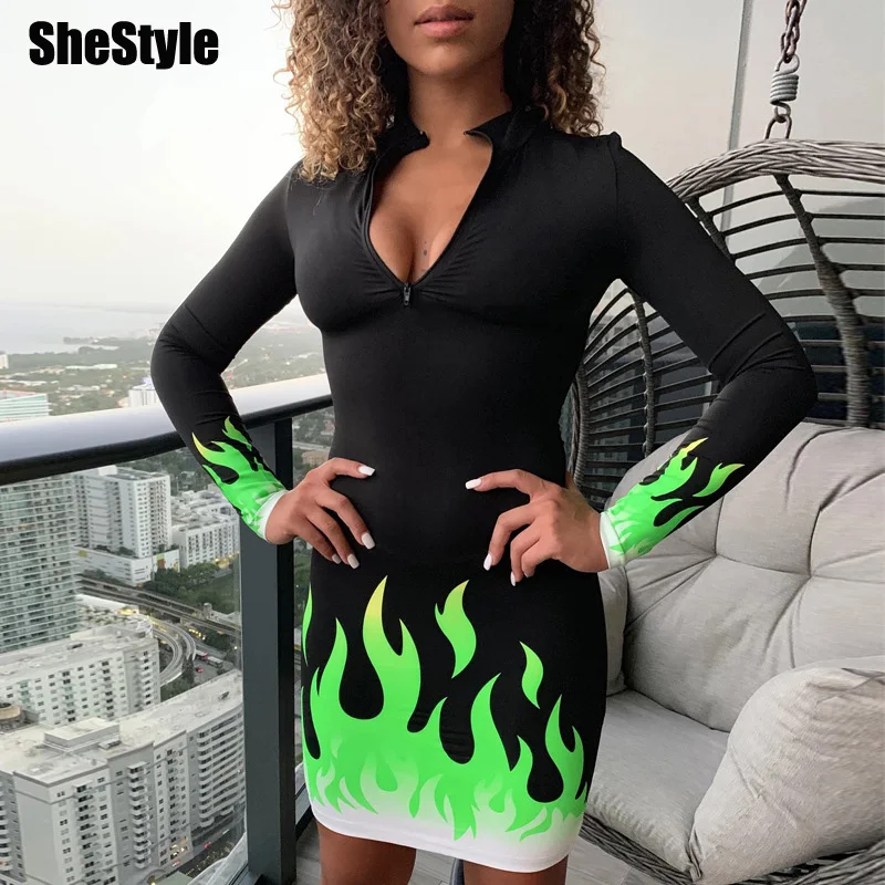 Женское облегающее платье Shestyle с неоновым принтом на молнии осеннее высоким