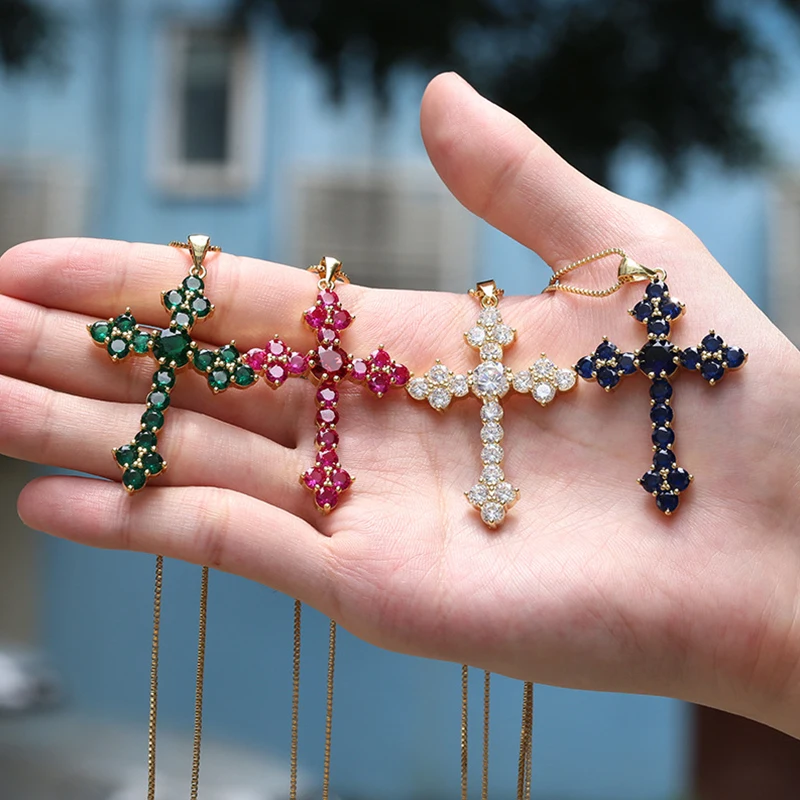 

UILZ Hip Hop Green Blue Cross Zircon Pendant Necklace for Women Men Trendy Crystal Chain Choker Fashion Statement Jewelry Gift