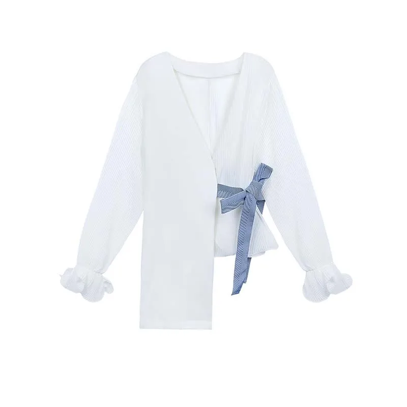 

Lrregular Women's Blouse Fashion Patchwork V-Neck Harajuku Bow Belted White Blouse Elegant Office Lady Long Sleeve Cardigan Tops