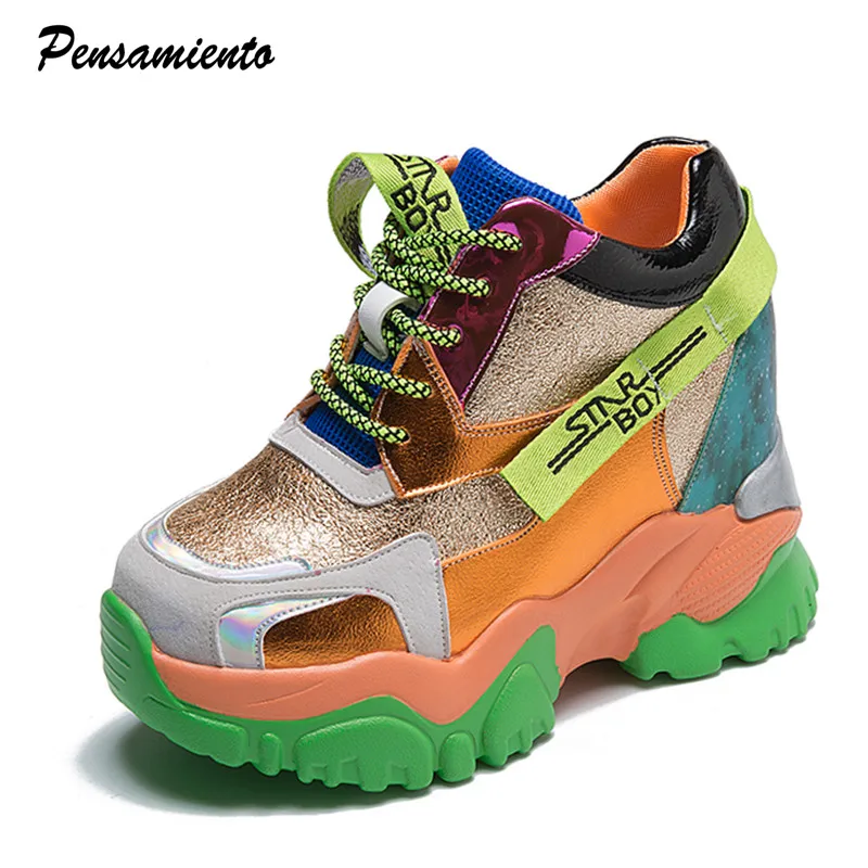 Кроссовки женские блестящие на платформе толстая подошва шнуровке