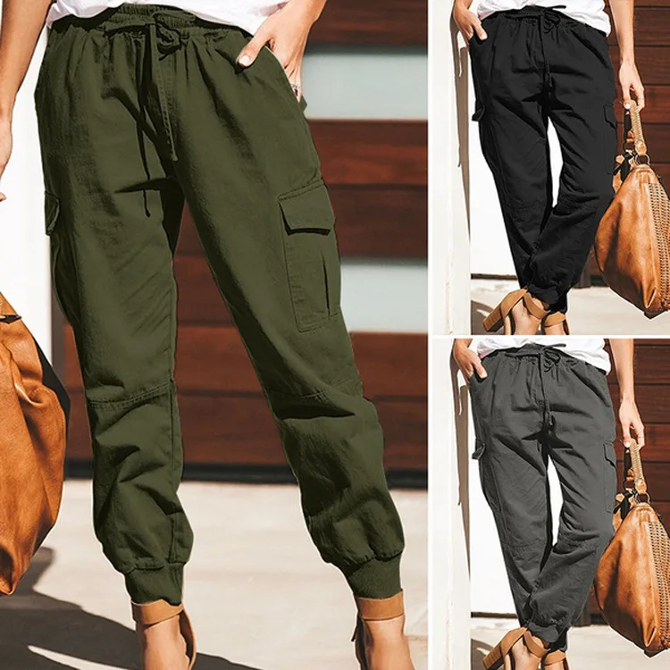 

European and American Amazon Women's wear solid color leisure fashion pocket lace up overalls women's pants