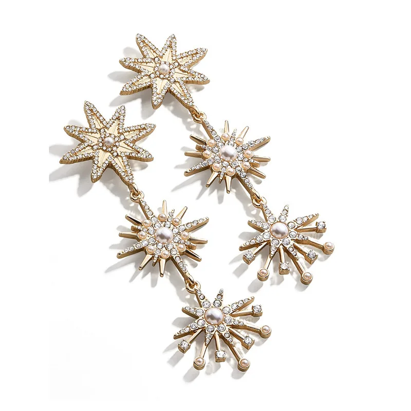 

2021 Fashion Boho Cone Star Pearl Long Dangle Earrings for Women Rhinestone Shiny Vintage Drop Jewelry