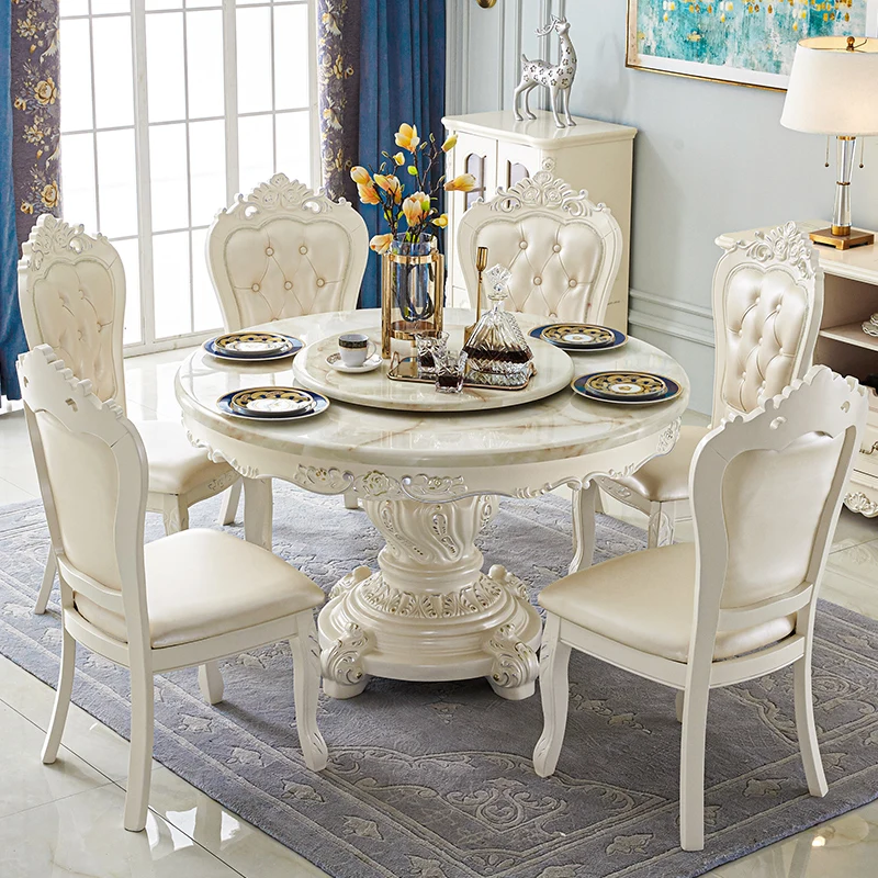 

European-Style Dining Tables and Chairs Set round Table with Turntable Solid Wood Marble Dining-Table round Household Small