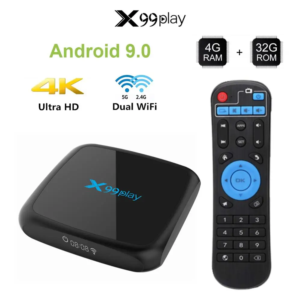 

X99 Play Android 9.0 Smart TV Box Quad Core 4GB RAM 32GB ROM WIFI Media Player Double Wifi Set Top Box Player 100X100X20mm
