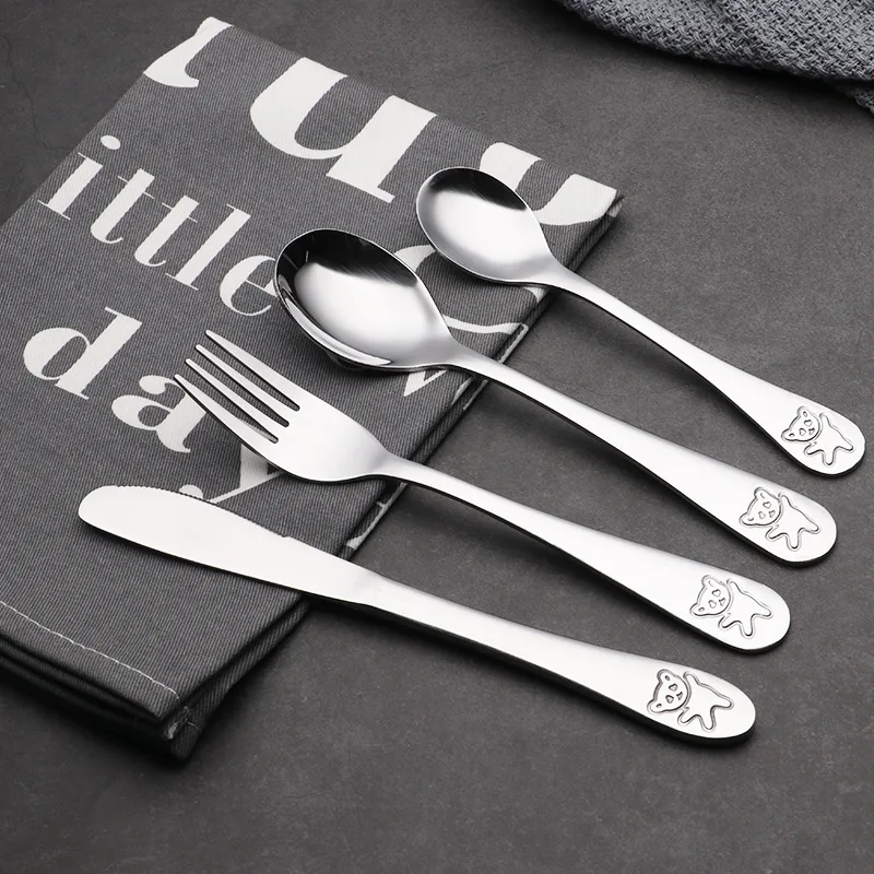 Baby Teaspoon Spoon Food Feeding Fork Knife Utensils Set Stainless Steel Kids Learning Eating Habit Children Tableware