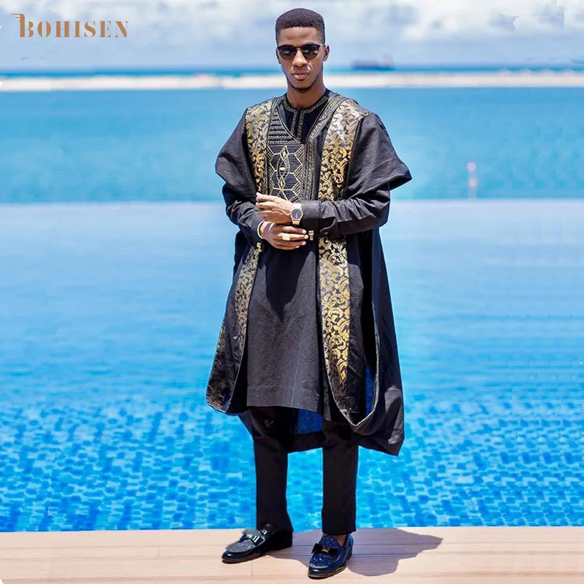 BOHISEN новинка 2019 африканская мужская одежда с принтом Bazin Agbada 3 предмета Boubou