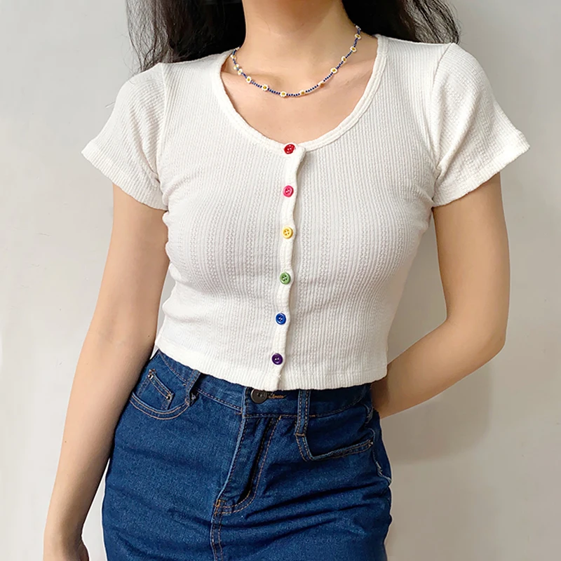 

Women Ribbed Short Sleeved Tee with Button Details Fitted Crop Top