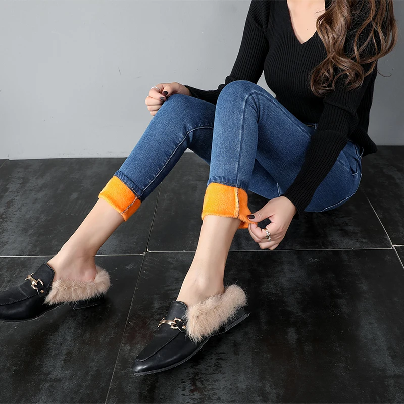 2021 New Winter Jeans Ladies Korea High Waist Plus Velvet Skinny Cowgirl Street Clothing Thick Warm Feet Pants | Женская одежда