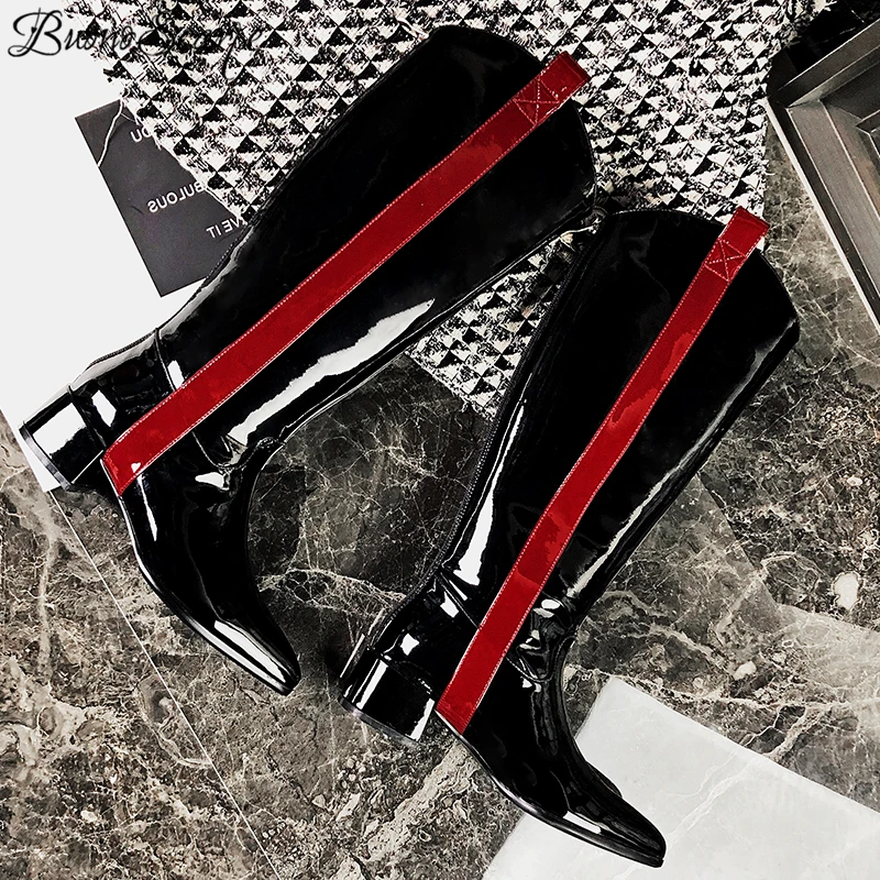 Buono Scarpe/женские высокие сапоги из лакированной кожи; брендовая Дизайнерская обувь на массивном каблуке; Разноцветные сапоги с острым носком; женская обувь; Большой размер 42