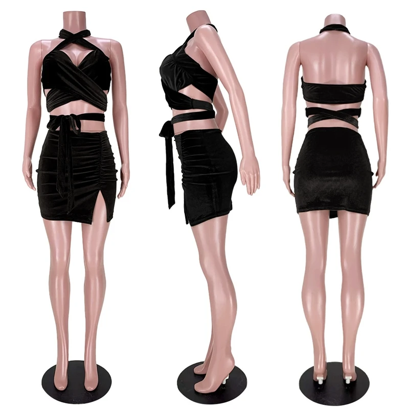 

2021 New Fashion Women's Nightclub Halterneck Top and Pleated Slit Skirt Party Sexy Two-piece Skirt Suit