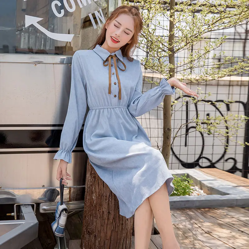 

2021 Spring and Autumn Bow with Long Sleeve Ladies Dress New Korean Loose Over-the-Knee Long Dress Women