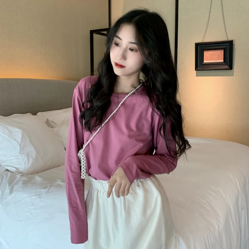 Good Quality Female Long Sleeve Turtle Neck T-shirt Solid Color Young Girls' Fashion Cotton Tees Casual Basic Tops Wholesale | Женская