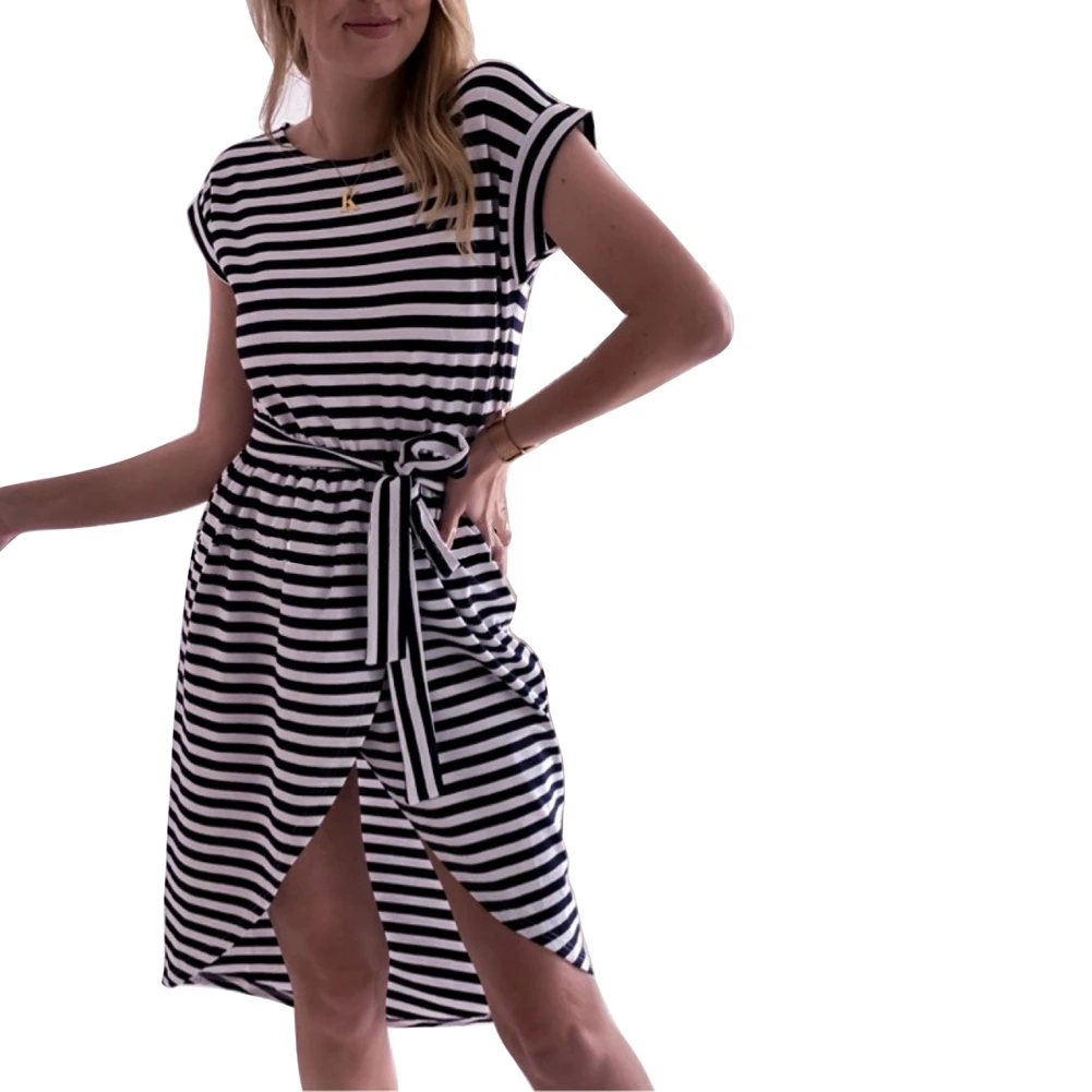 

Women Casual Striped Mini Dress Womens Short Sleeve Round-Neck Shirt Dress with Belt Asymmetrical Sundress