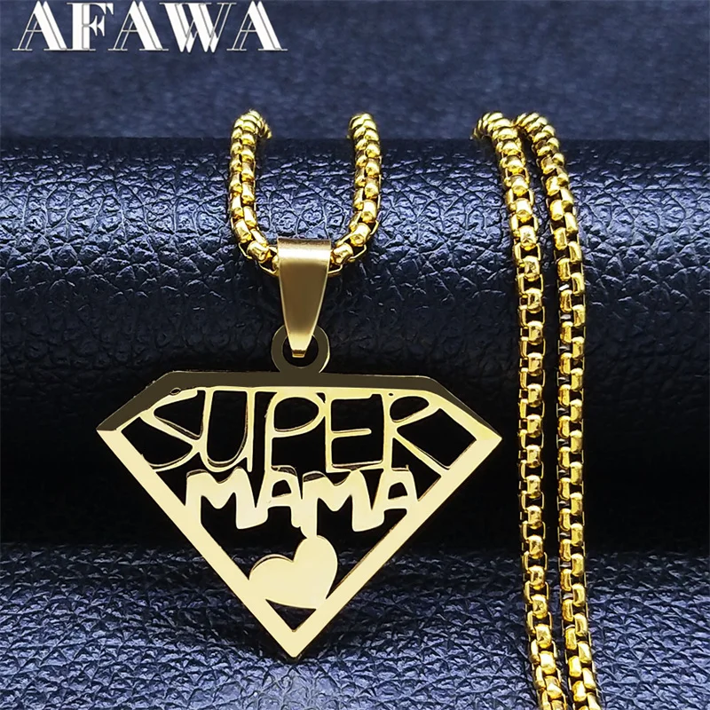 Super Mama Papa Mom Dad Stainless Steel Necklace Women Spanish Letter Necklaces Family Jewelry sautoir femme long N4250S01