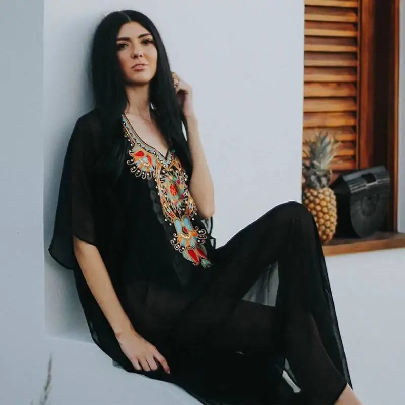 

Swimsuit Cover Up Polyester New Black Chiffon Embroidered Loose Average Size Coat Bikini Blouse Swimsuit Outdoor Sunscreen Dress