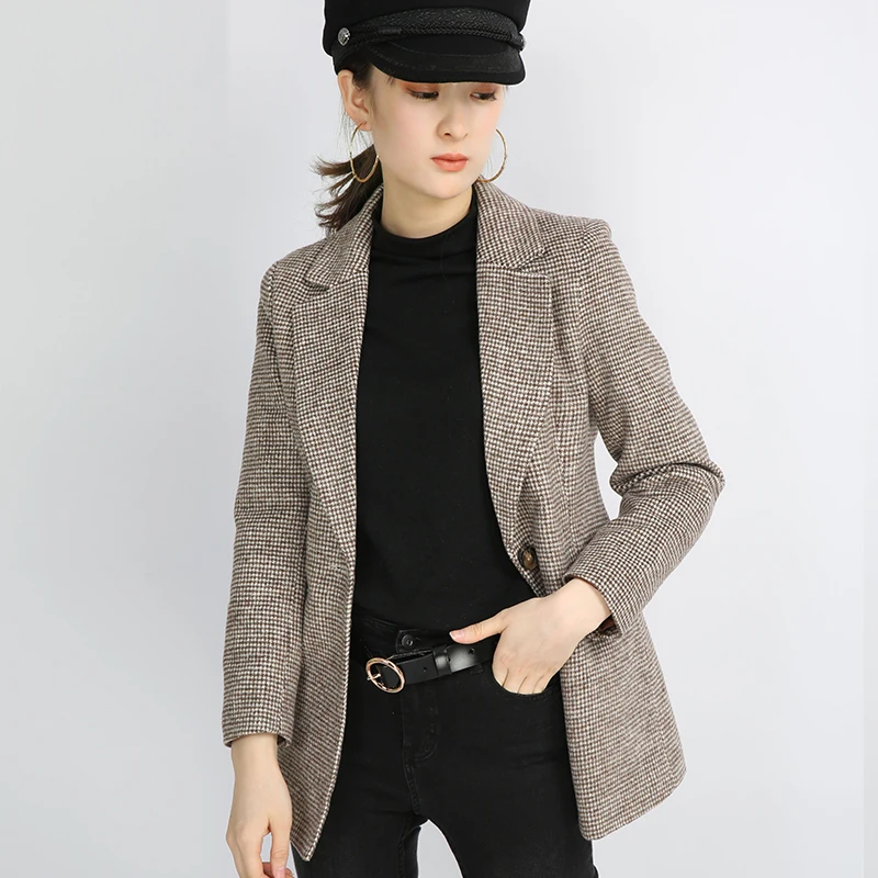 2019 приталенный Блейзер в клетку с одной пуговицей и длинными рукавами Женский