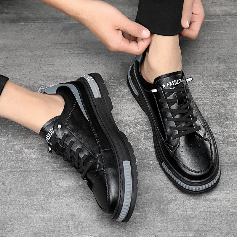 

Brand New High End Men Genuine Leather Casual Shoes Youth Fashion Spring Trend White Flat Thick-soled Shoes Leisure Sneakers