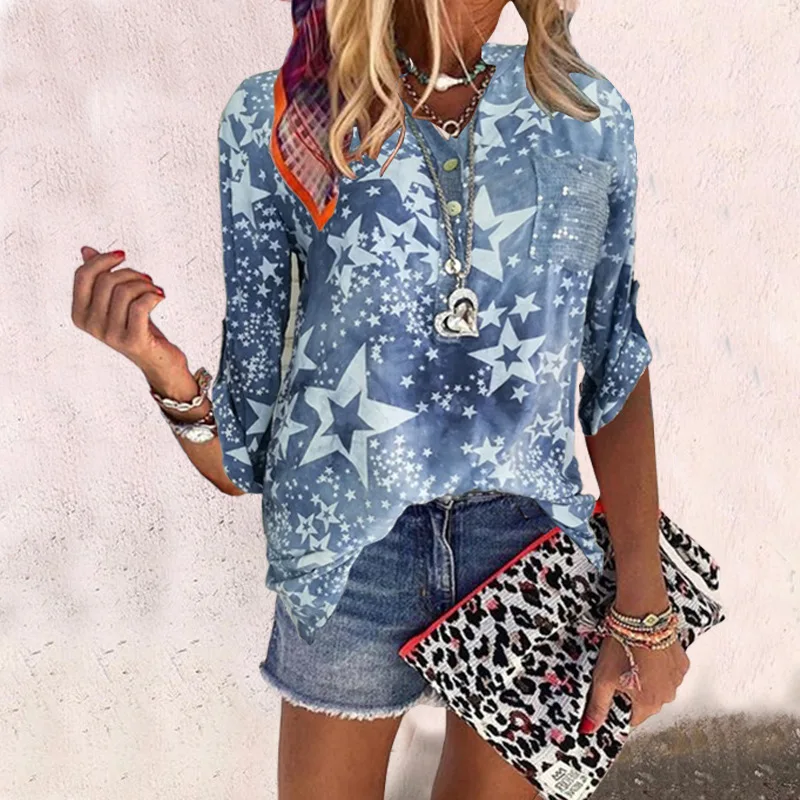 

2021 Spring Shirt Top Star Print V-neck Pocket Button Long Sleeve Chiffon Blouse Lady Fashion Top Loose 5XL Streetwear For Women