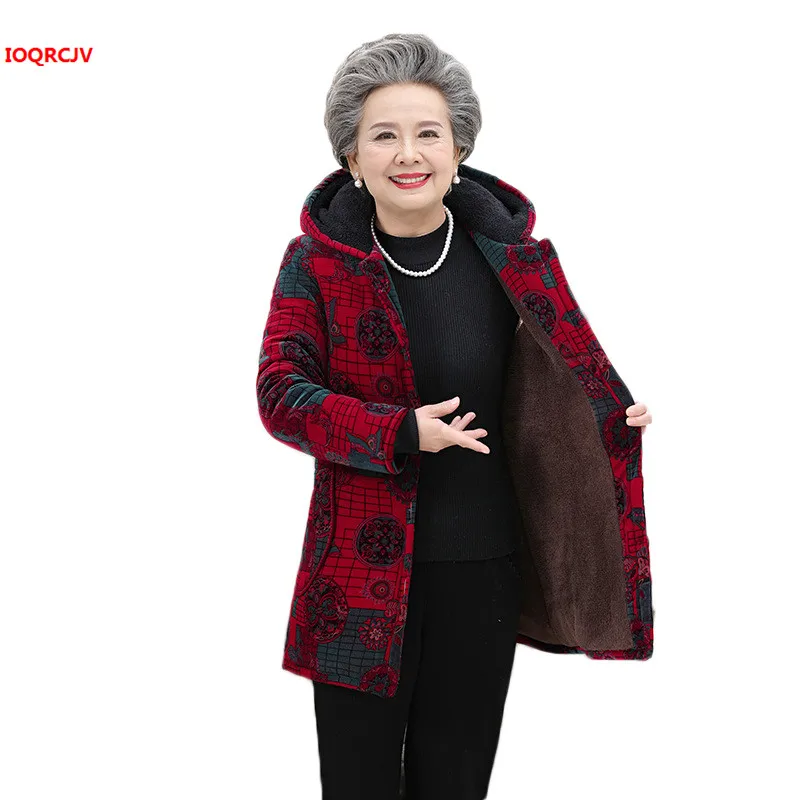 

Middle-aged Women Down Cotton Jacket Autumn Winter Grandma Loose Warm Cotton Coat Old People Hooded Outerwear 5XL 1205