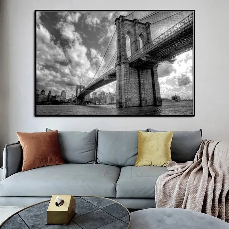 

Black and White Brooklyn Bridge Landscape Large Modern Poster Print Canvas Painting Mural Picture Living Room Mural